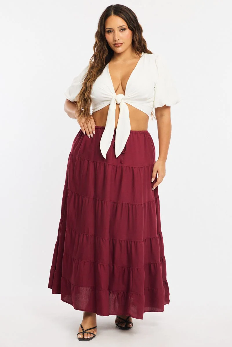 Red Tiered Skirt Elasticated Waist Textured - Image 3