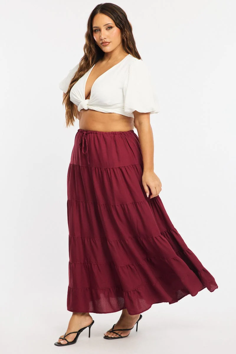 Red Tiered Skirt Elasticated Waist Textured - Image 4