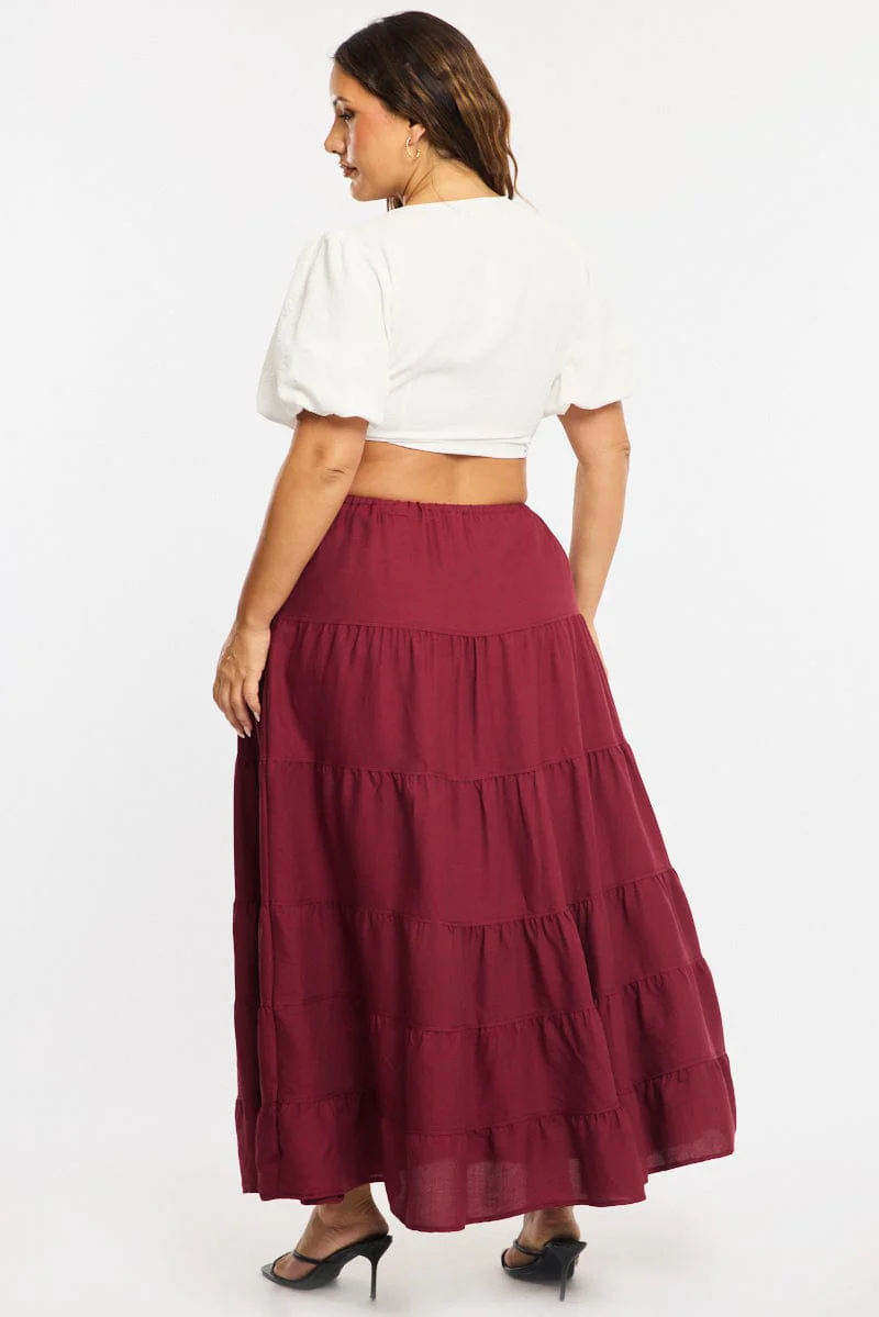 Red Tiered Skirt Elasticated Waist Textured - Image 5