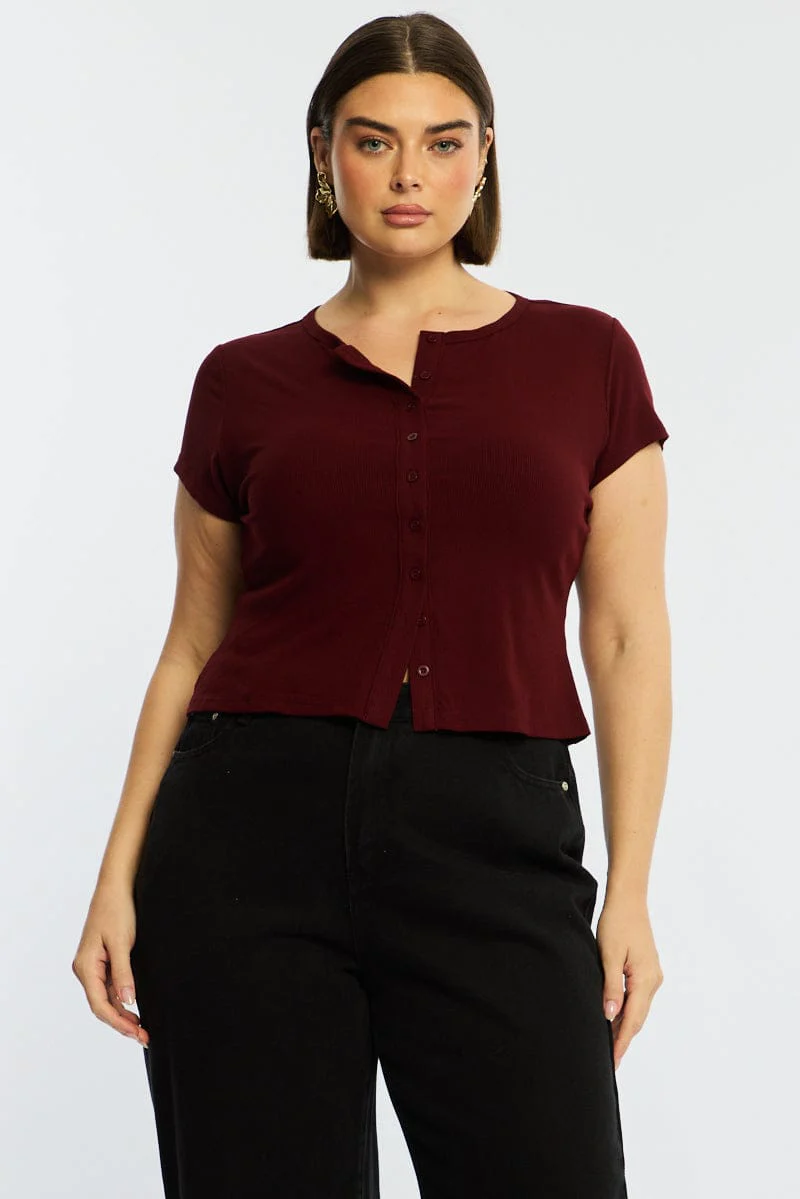 Red Top Short Sleeve Button Front Rib