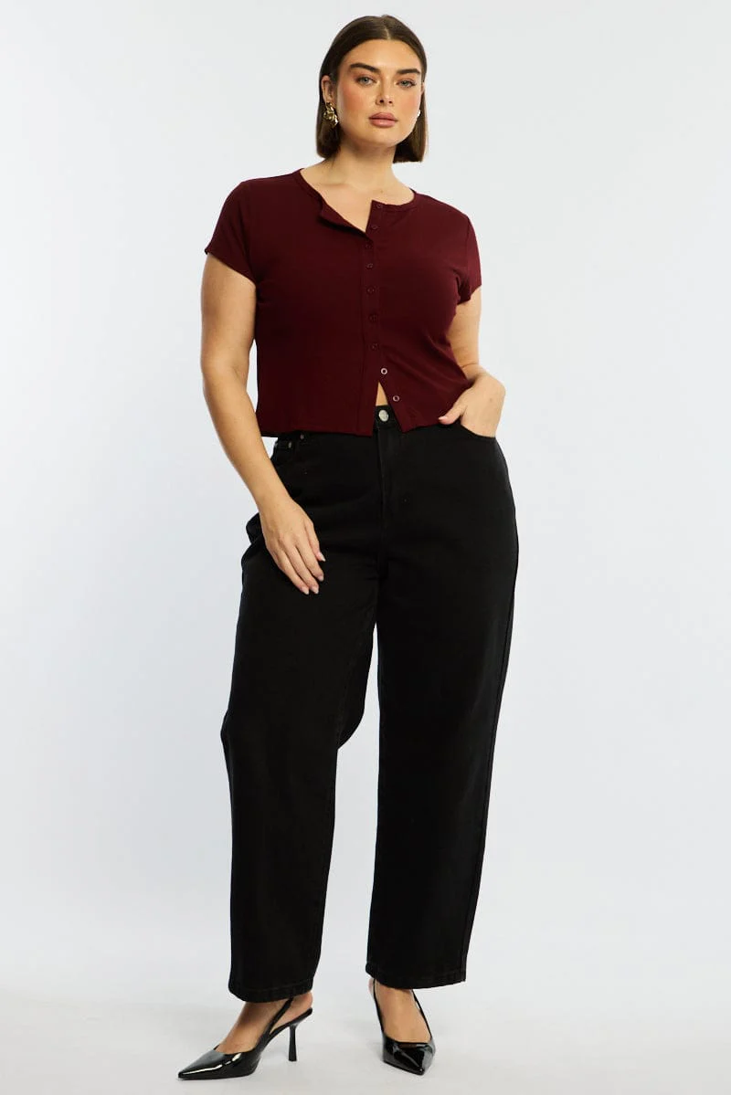 Red Top Short Sleeve Button Front Rib - Image 2