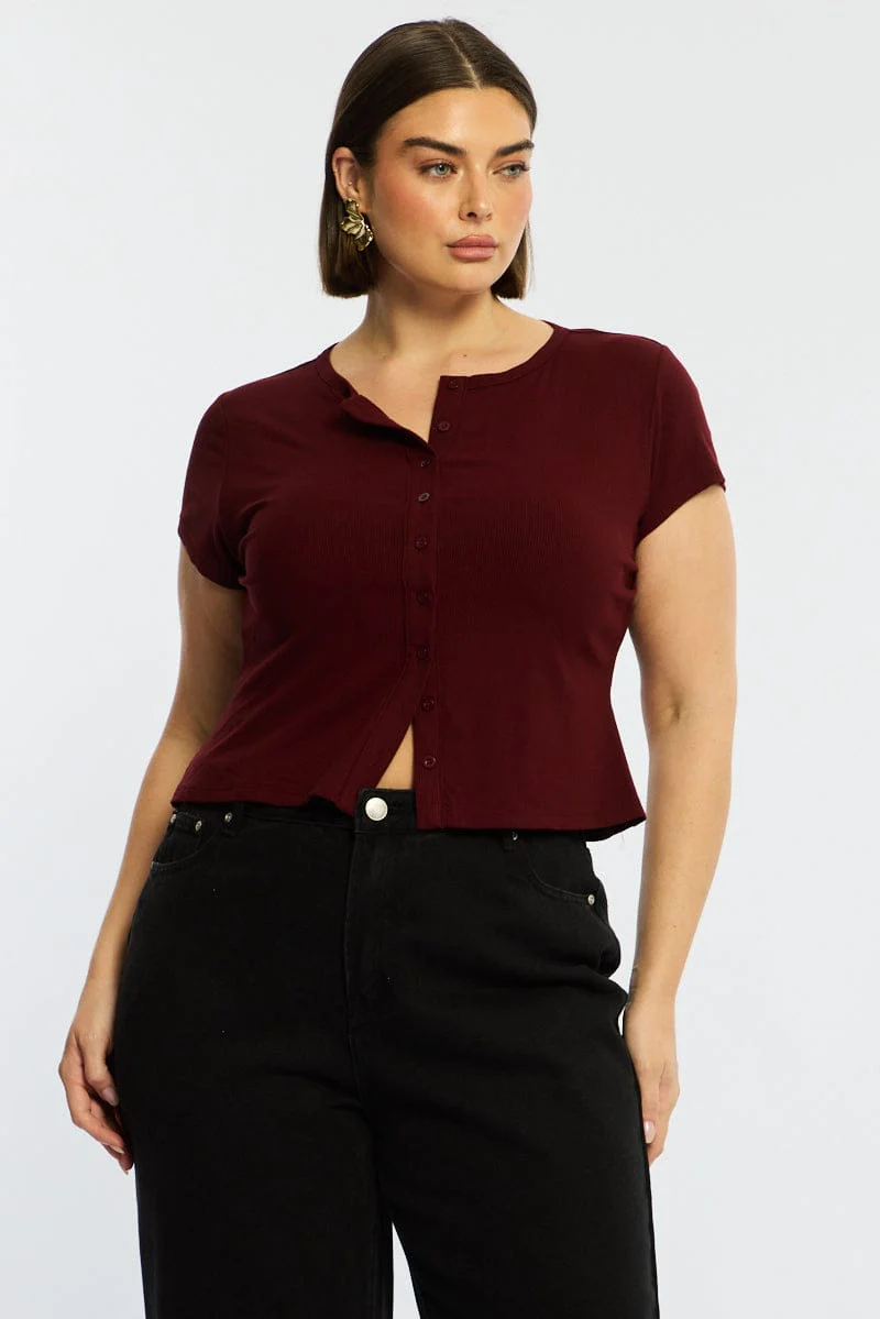 Red Top Short Sleeve Button Front Rib - Image 3