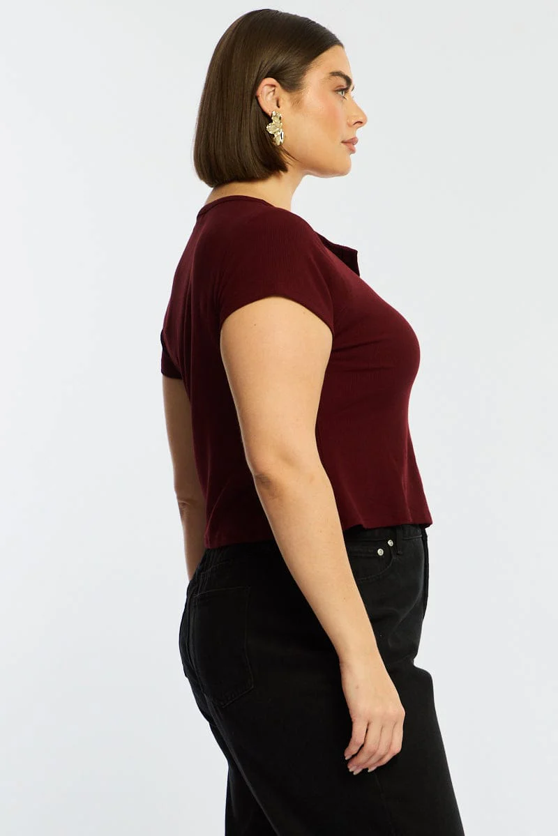 Red Top Short Sleeve Button Front Rib - Image 4