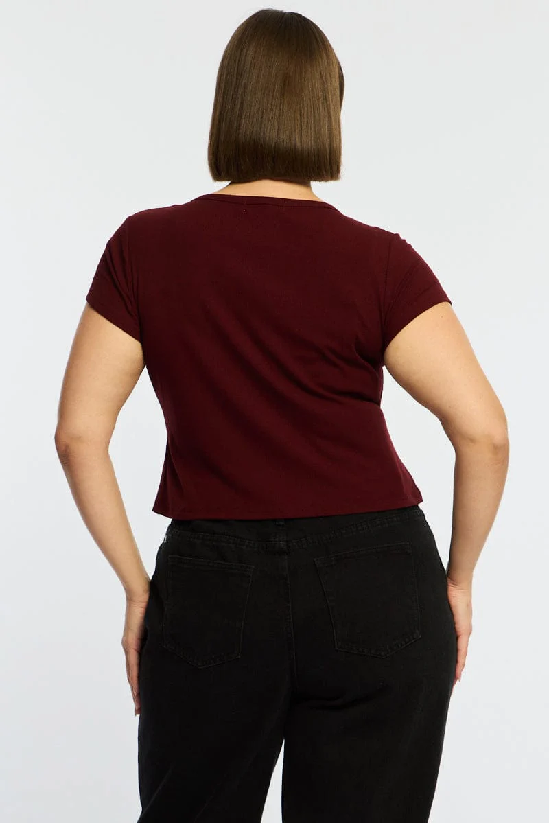 Red Top Short Sleeve Button Front Rib - Image 5