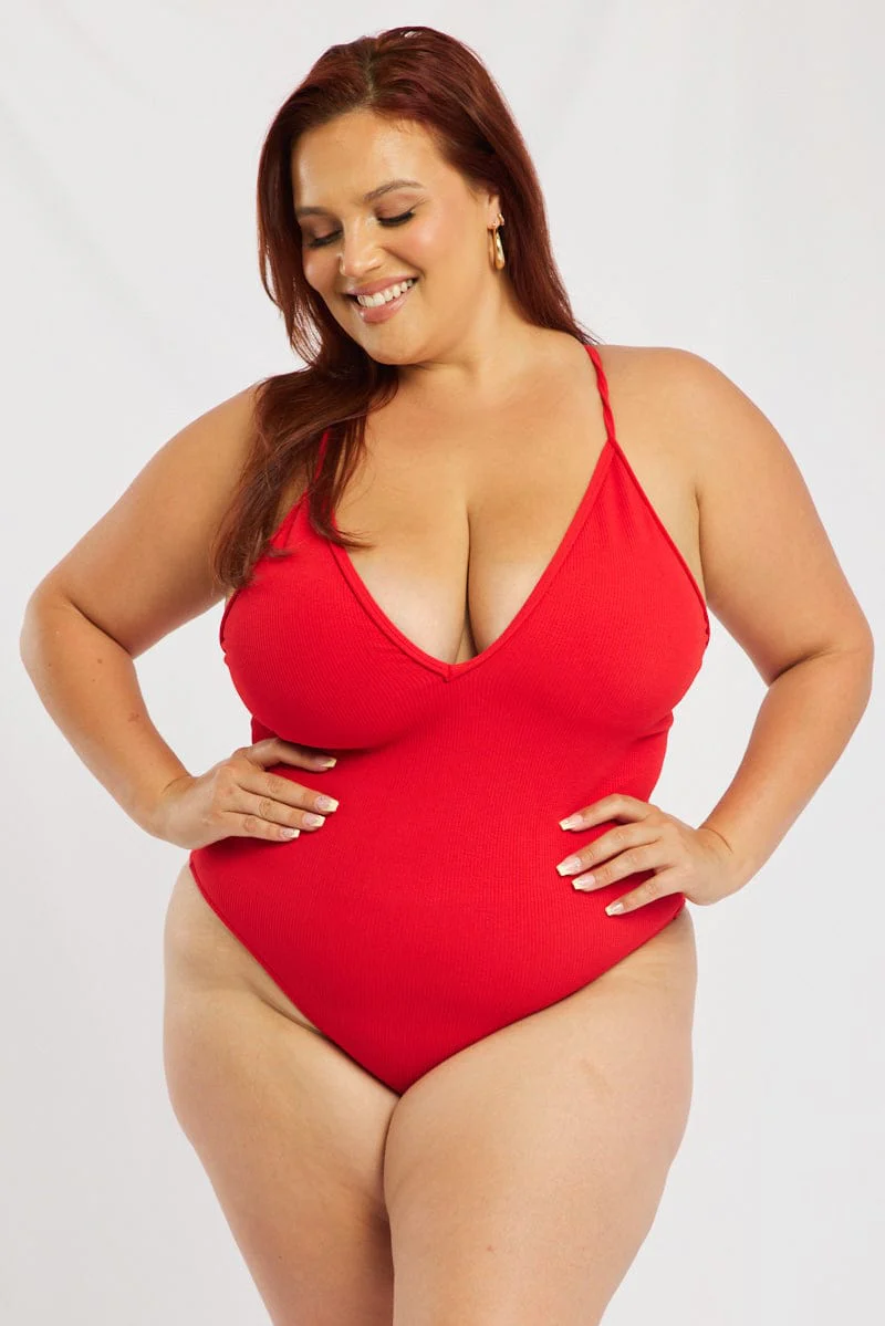 Red V-neck Textured One Piece Swimsuit