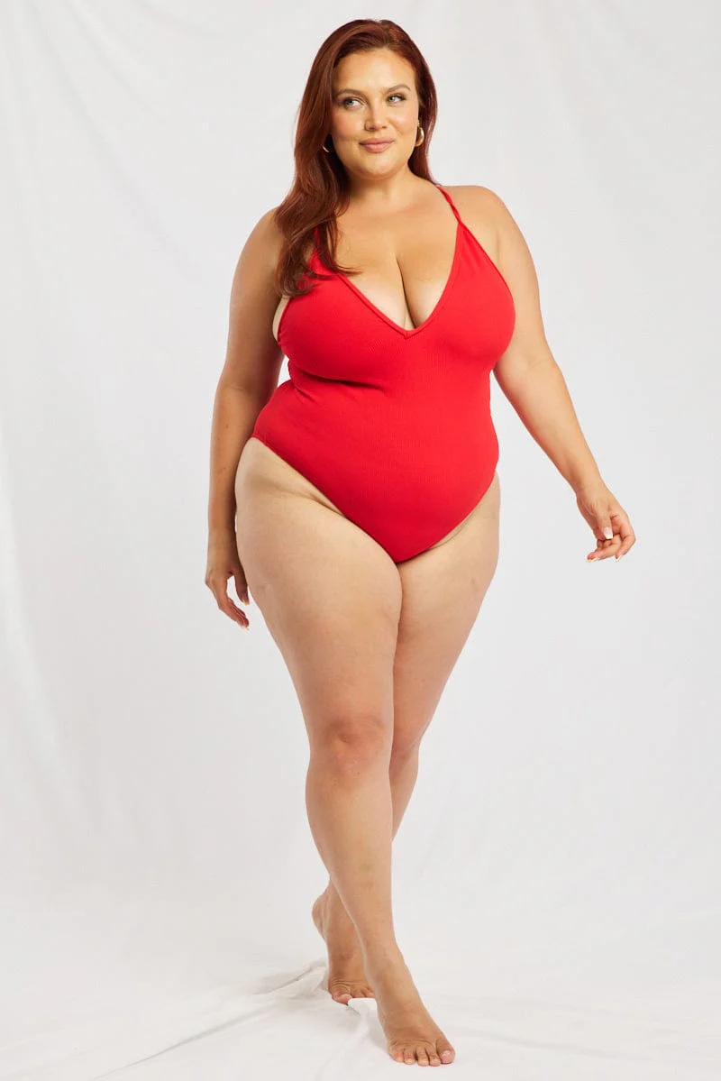 Red V-neck Textured One Piece Swimsuit - Image 2
