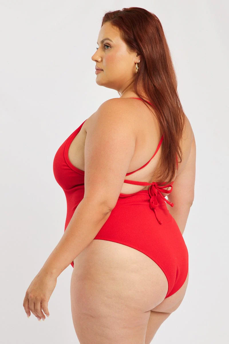 Red V-neck Textured One Piece Swimsuit - Image 3