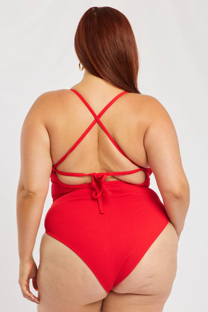 Red V-neck Textured One Piece Swimsuit - Image 4