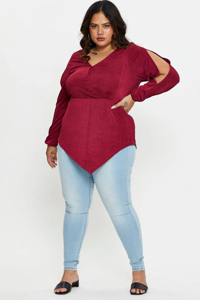Red V-neck Top Split Detail Asymmetric Long Sleeve
