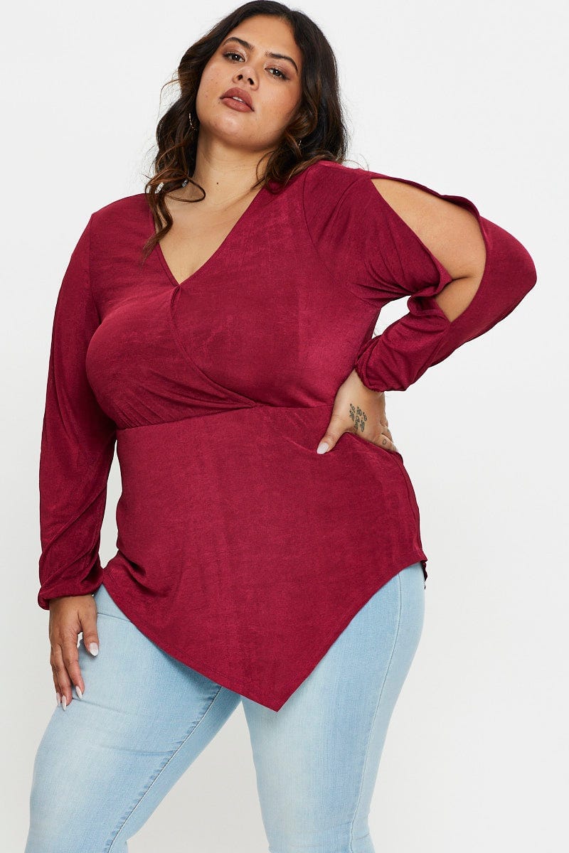 Red V-neck Top Split Detail Asymmetric Long Sleeve - Image 2