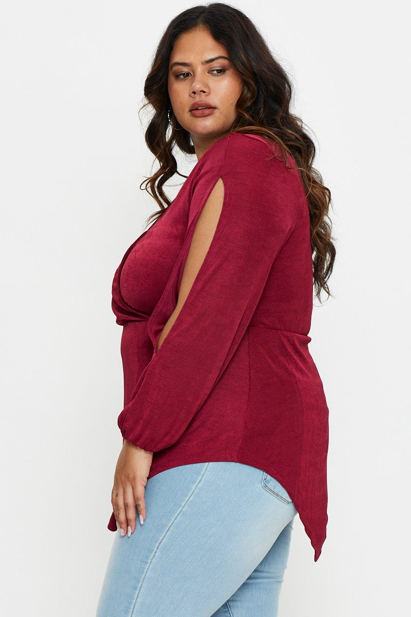 Red V-neck Top Split Detail Asymmetric Long Sleeve - Image 3