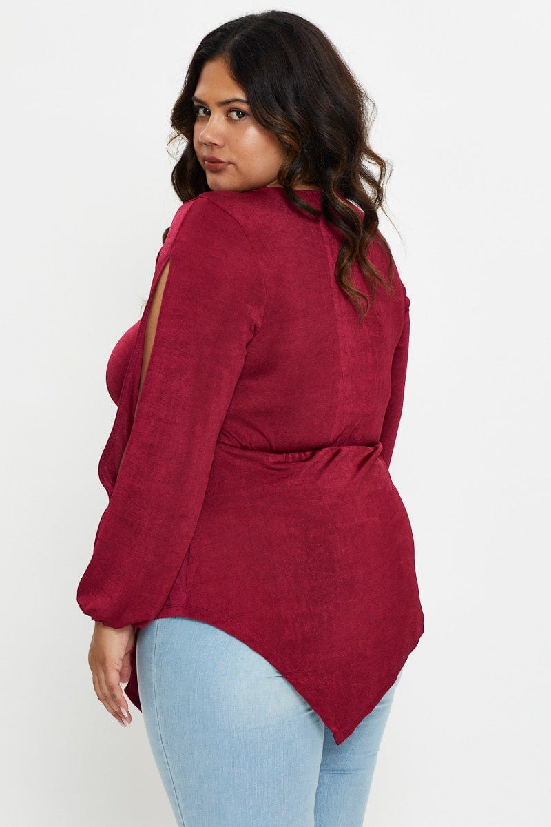 Red V-neck Top Split Detail Asymmetric Long Sleeve - Image 4