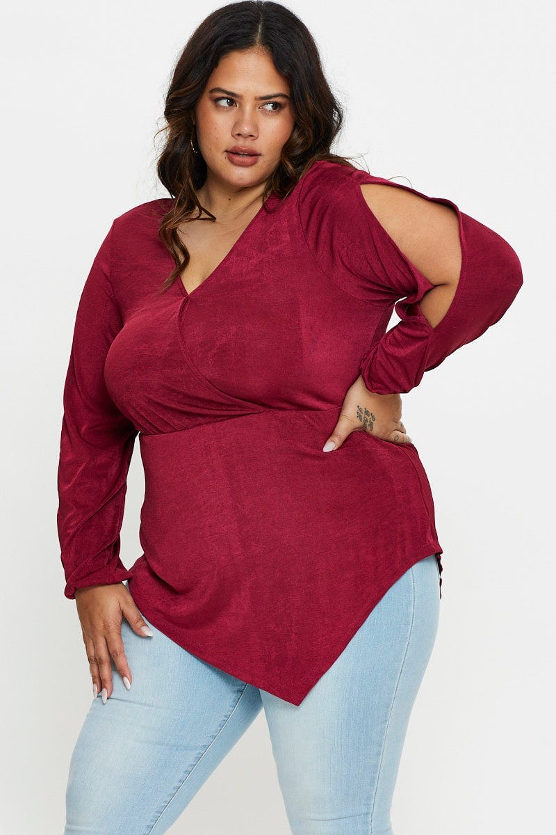 Red V-neck Top Split Detail Asymmetric Long Sleeve - Image 6