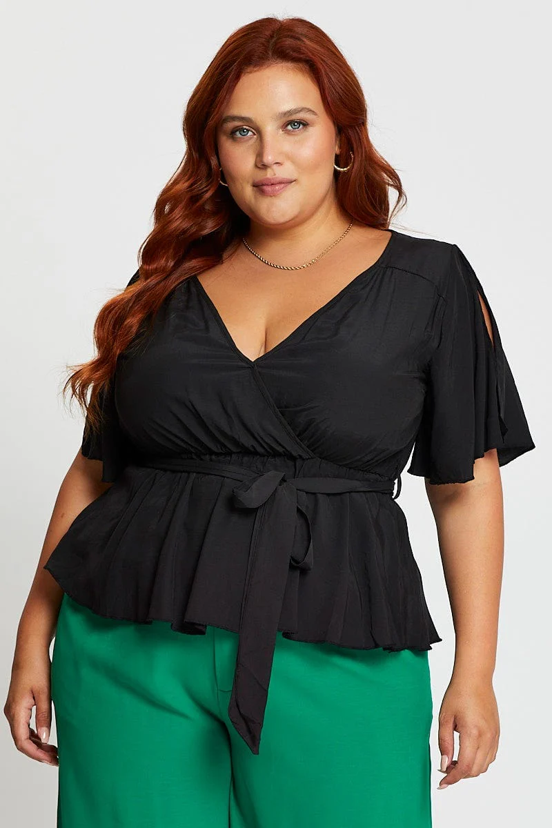 Red Wrap Top Peplum Short Sleeve - Image 3