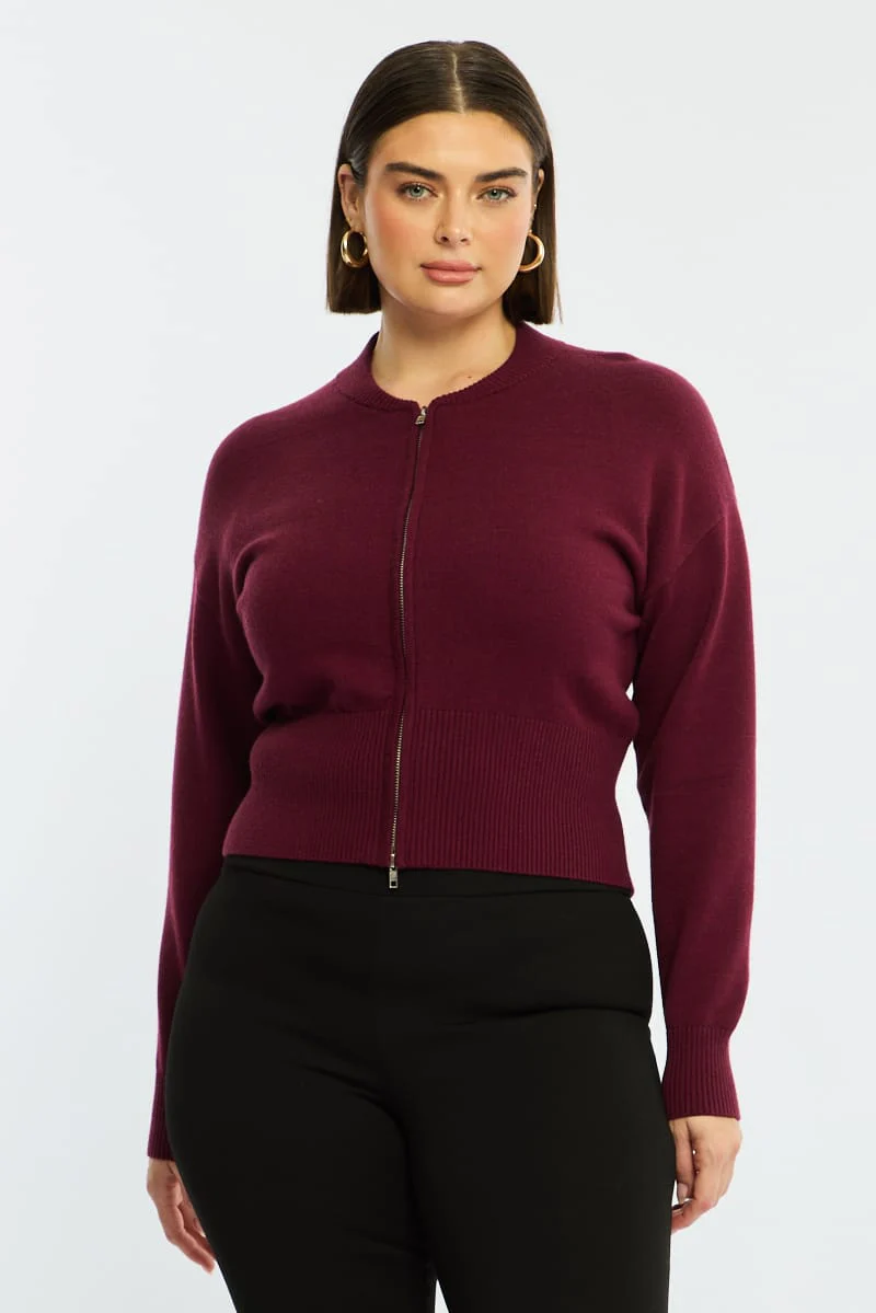 Red Zip Front Knit Jumper Long Sleeve - Image 4