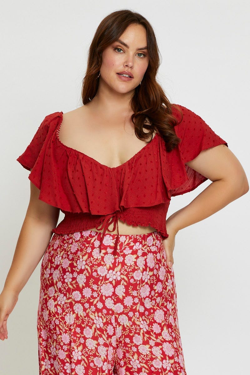 Rust Crop Top Short Sleeve Frill