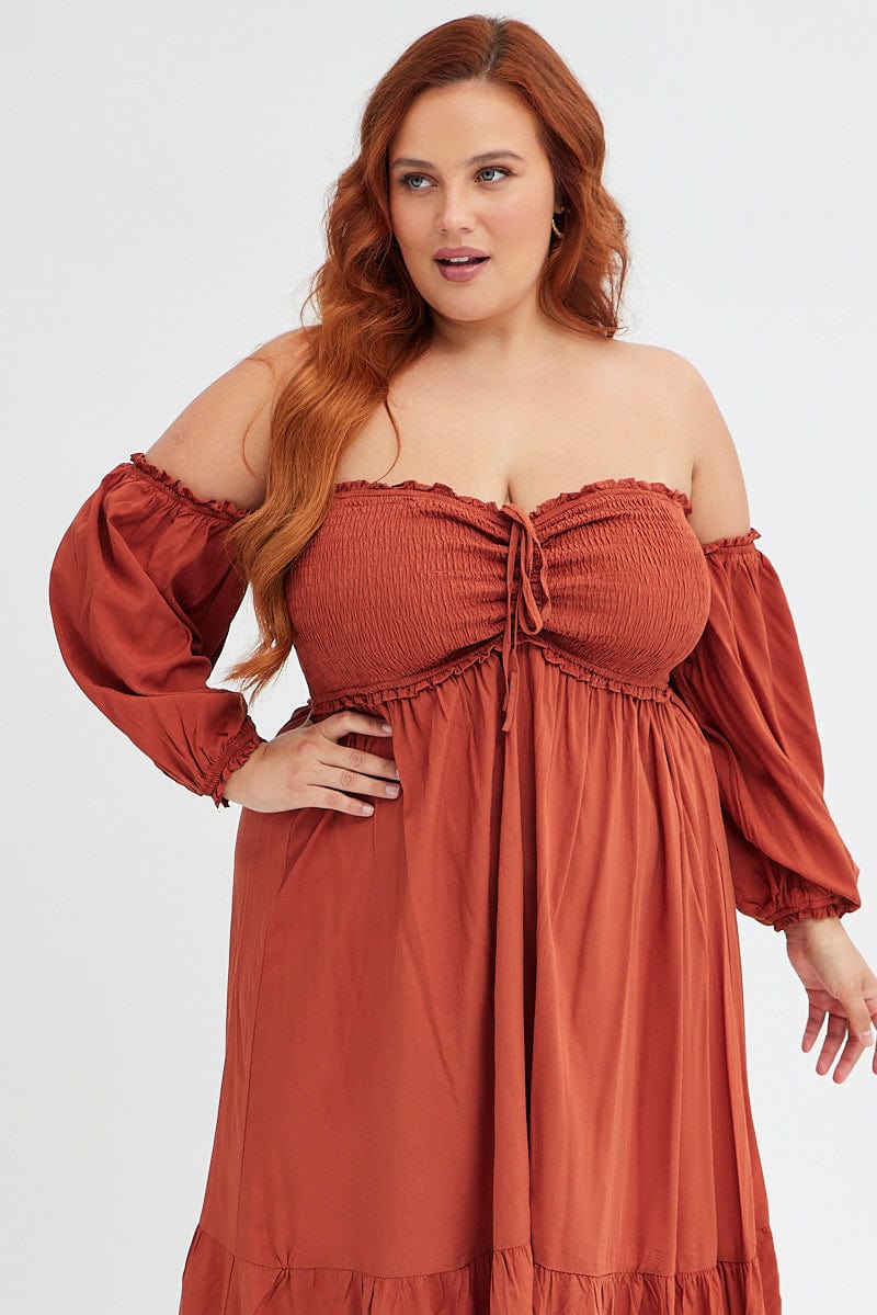 Rust Midi Dress Off Shoulder Shirred - Image 2