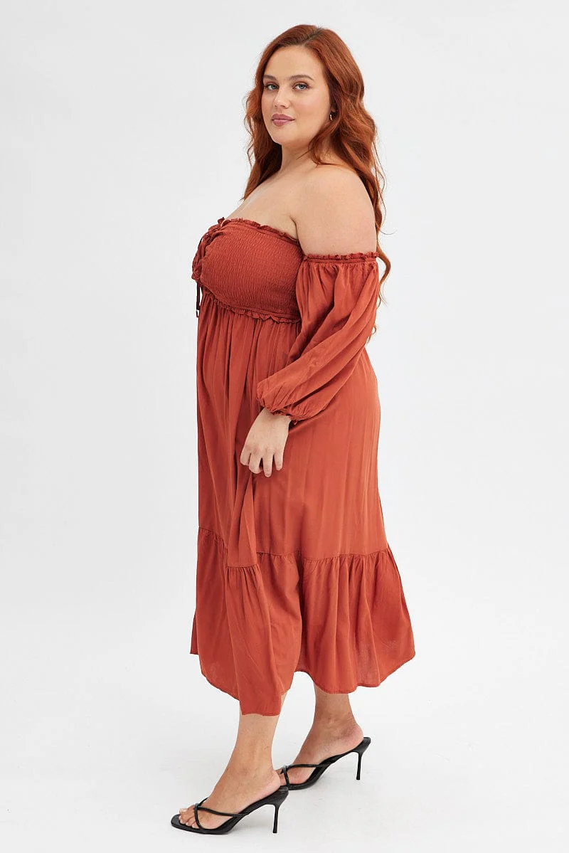 Rust Midi Dress Off Shoulder Shirred - Image 4