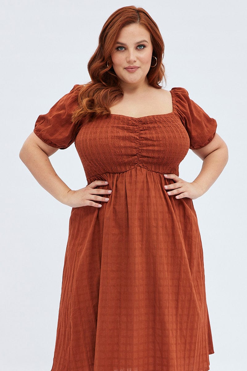 Rust Midi Dress Textured Puff Sleeve - Image 2