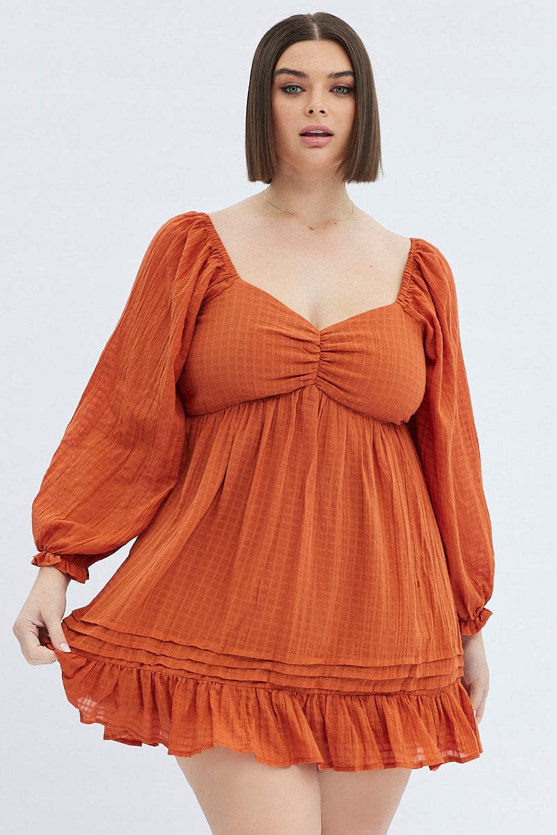 Rust Mini Dress Textured Cotton Blend Long Sleeve - Image 3