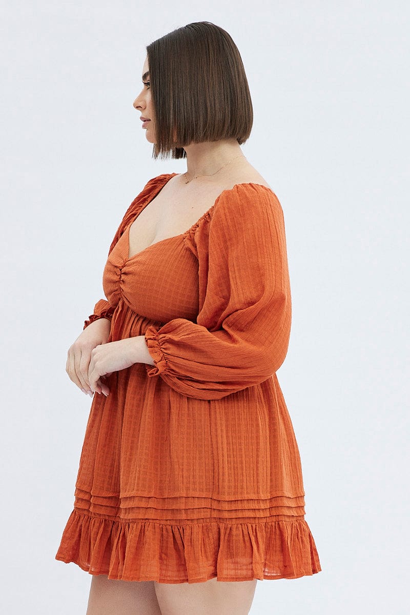 Rust Mini Dress Textured Cotton Blend Long Sleeve - Image 4