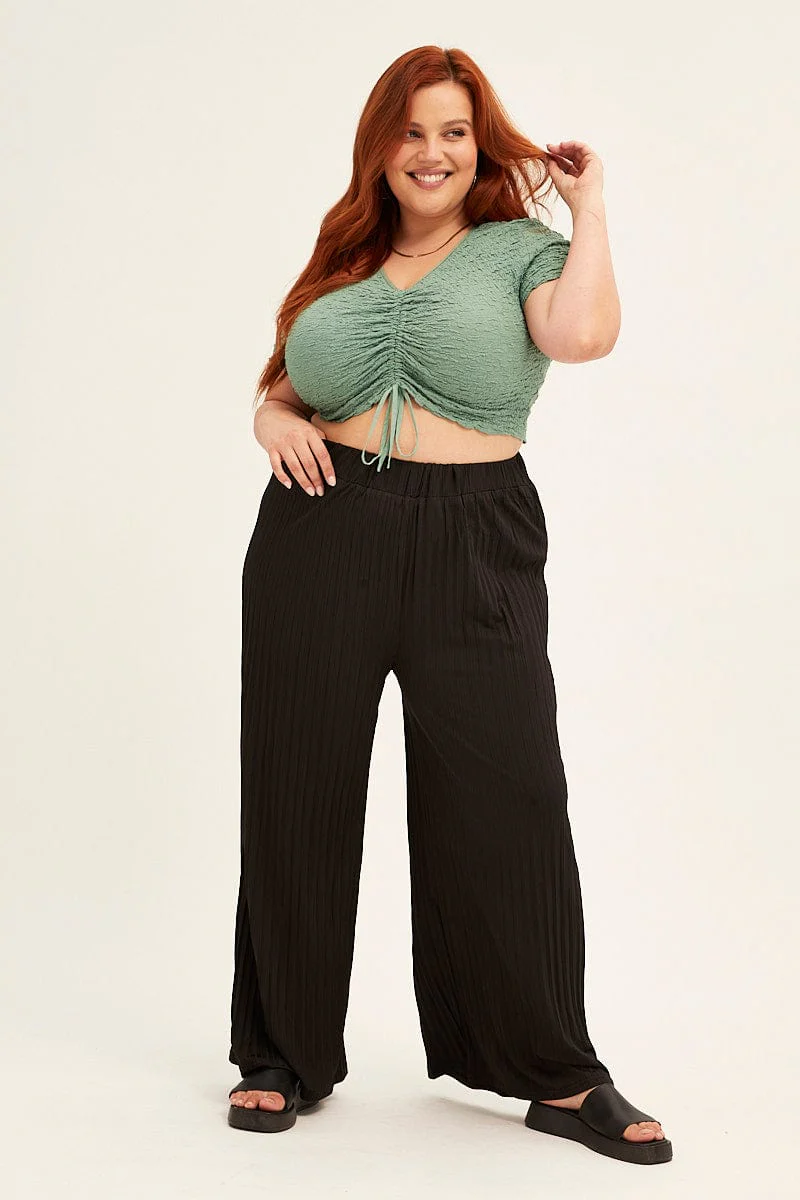 Sage Crop Top Short Sleeve Textured Lace Drawstring - Image 2