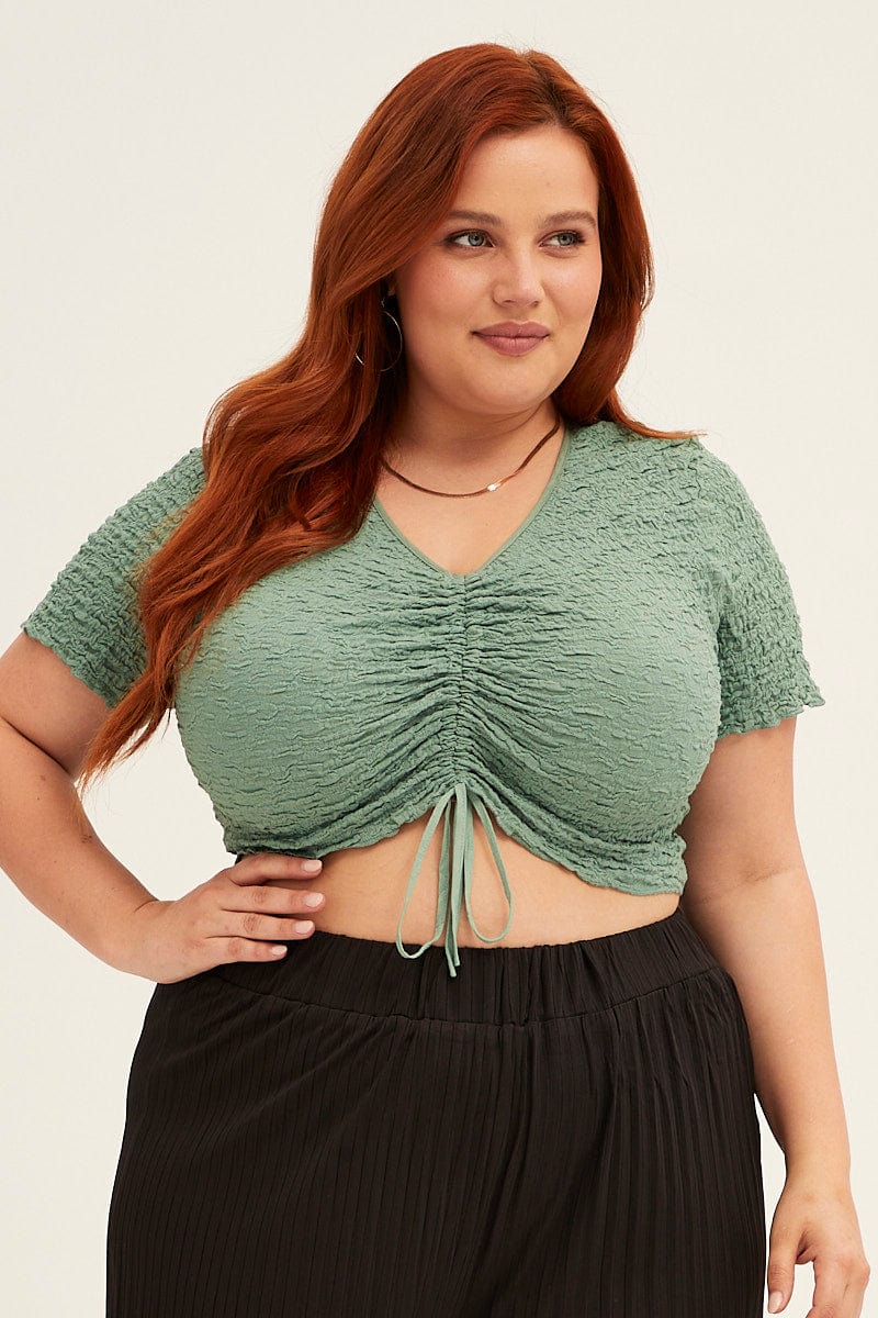 Sage Crop Top Short Sleeve Textured Lace Drawstring - Image 3