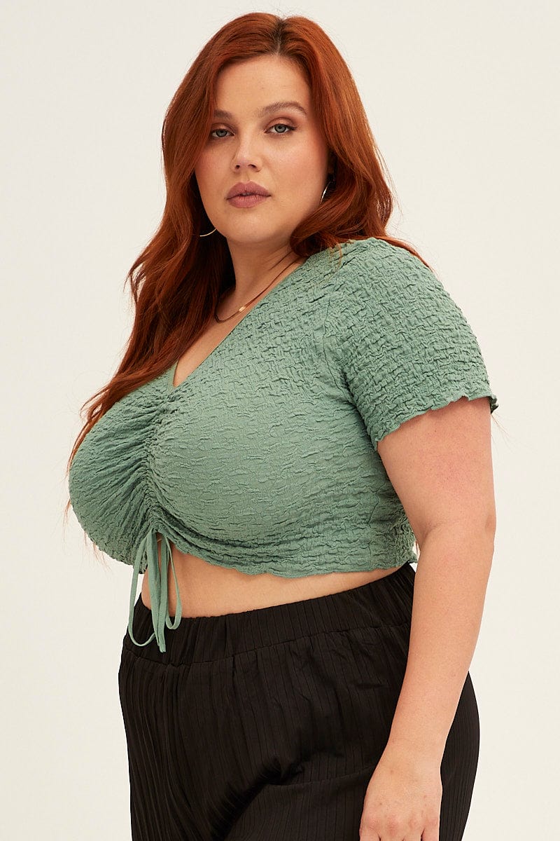 Sage Crop Top Short Sleeve Textured Lace Drawstring - Image 4