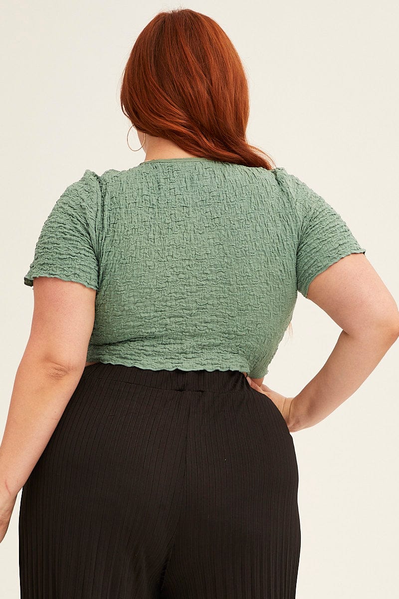 Sage Crop Top Short Sleeve Textured Lace Drawstring - Image 5