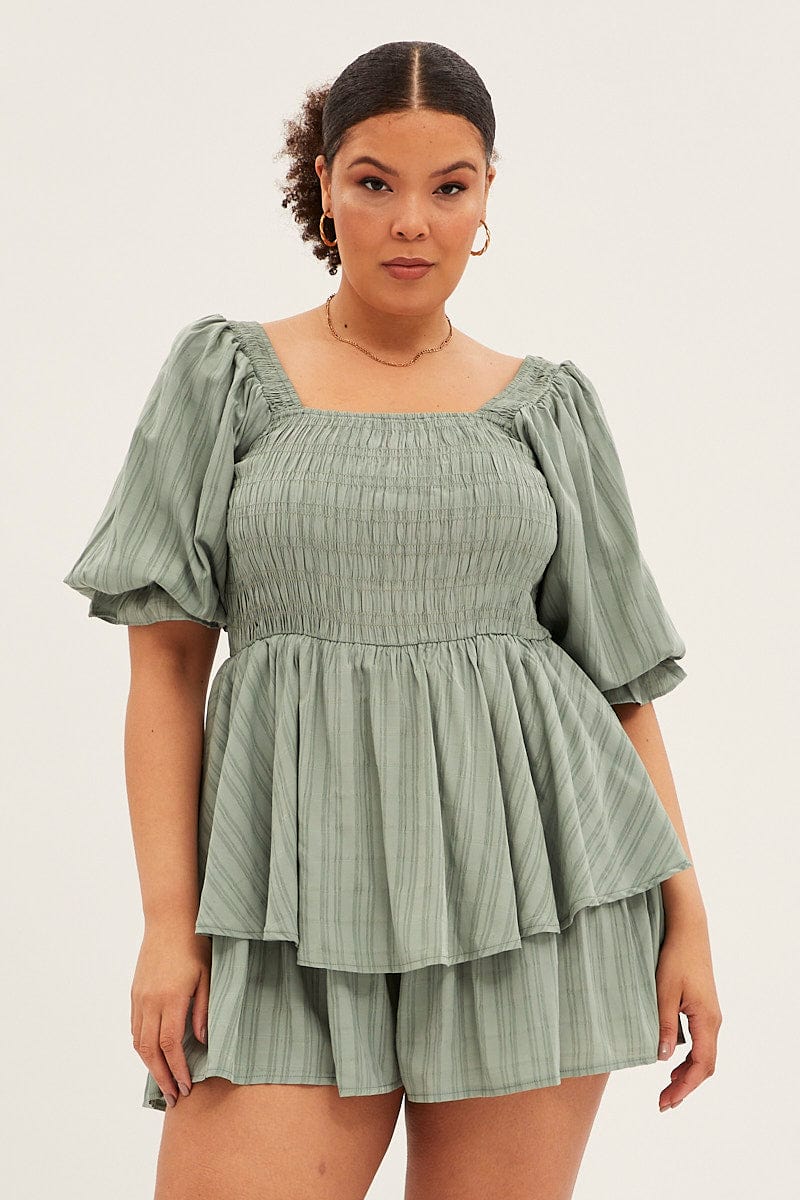 Sage Shirred Playsuit Short Sleeve Square Neck