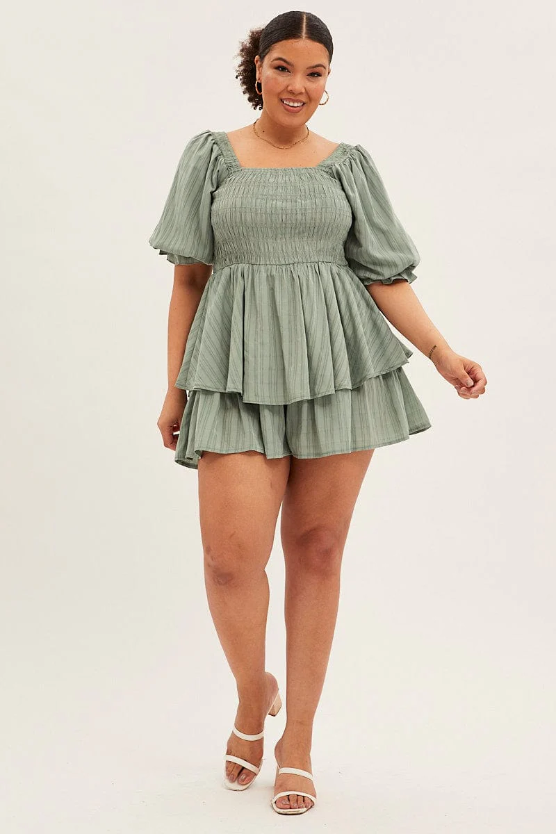 Sage Shirred Playsuit Short Sleeve Square Neck - Image 2