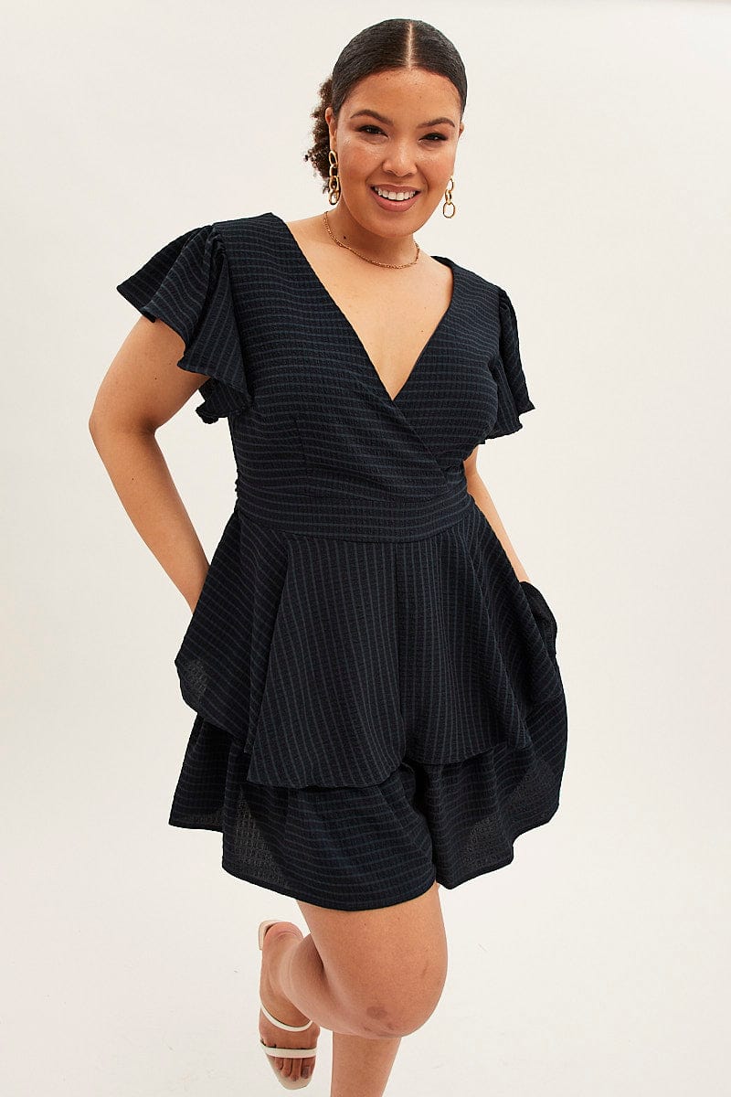 Dark Navy Short Playsuit Flare Sleeve Textured Stripe - Image 3