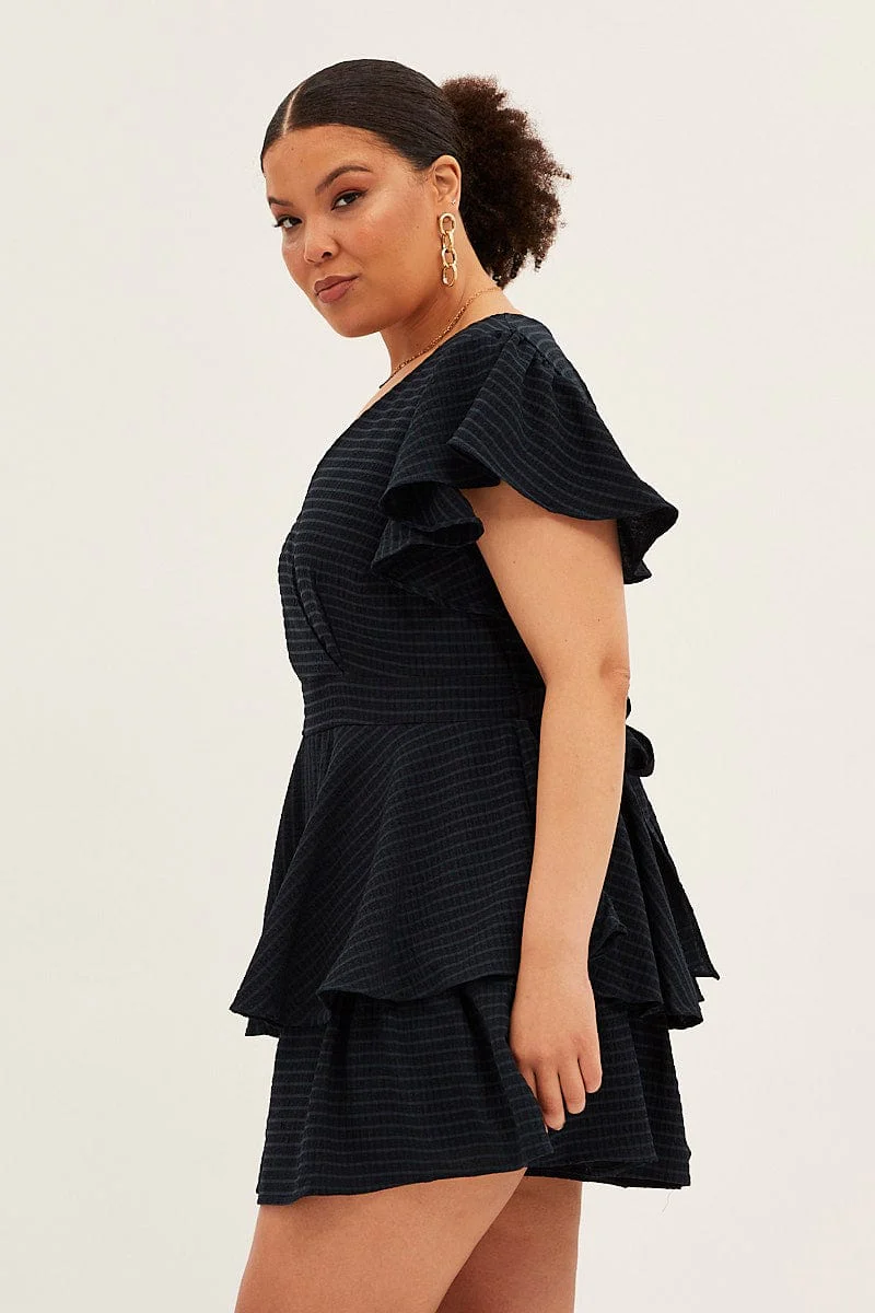 Dark Navy Short Playsuit Flare Sleeve Textured Stripe - Image 4