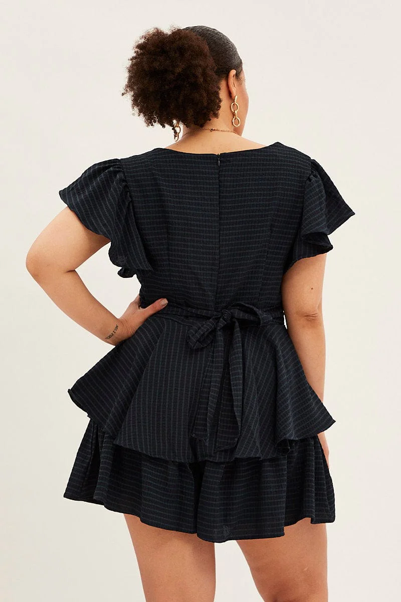 Dark Navy Short Playsuit Flare Sleeve Textured Stripe - Image 5