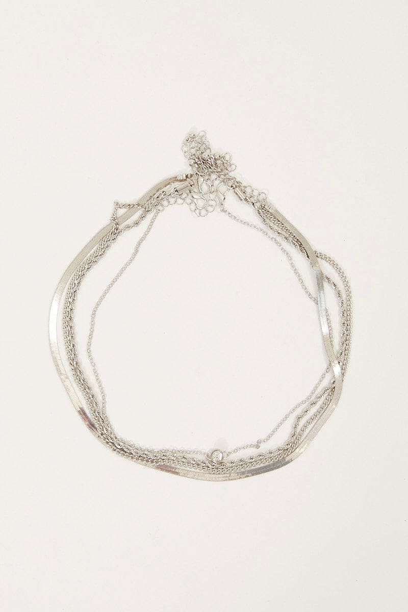 Silver 4Pcs Rhinestone Chain Necklace