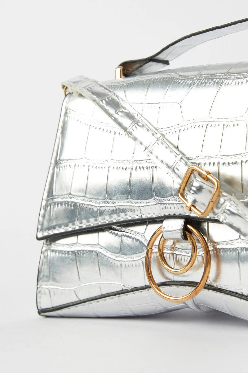 Silver Croc Top Handle Crossbody Bag - Image 2