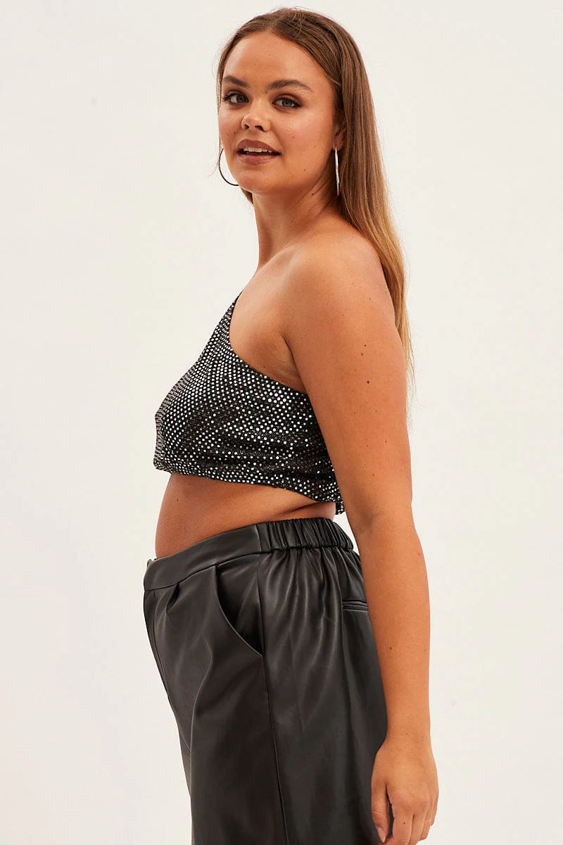 Silver Crop Top One Sleeve Sequin Jersey - Image 4