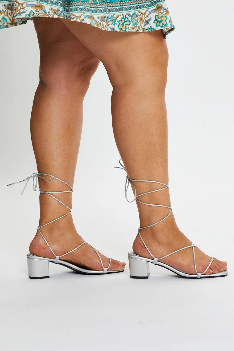 Silver Tie Up Mid Block Heels