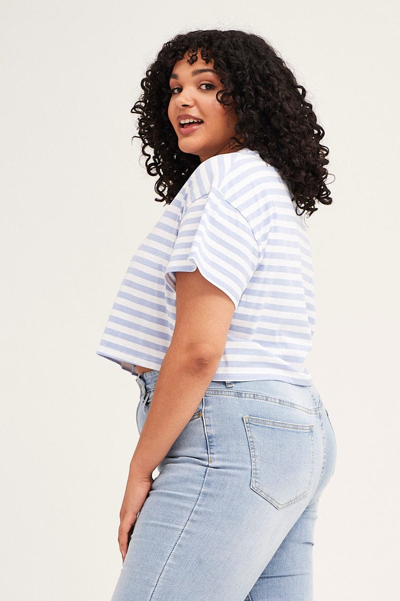 Stripe Crew Neck Short Sleeve Semi Crop T-shirt - Image 4