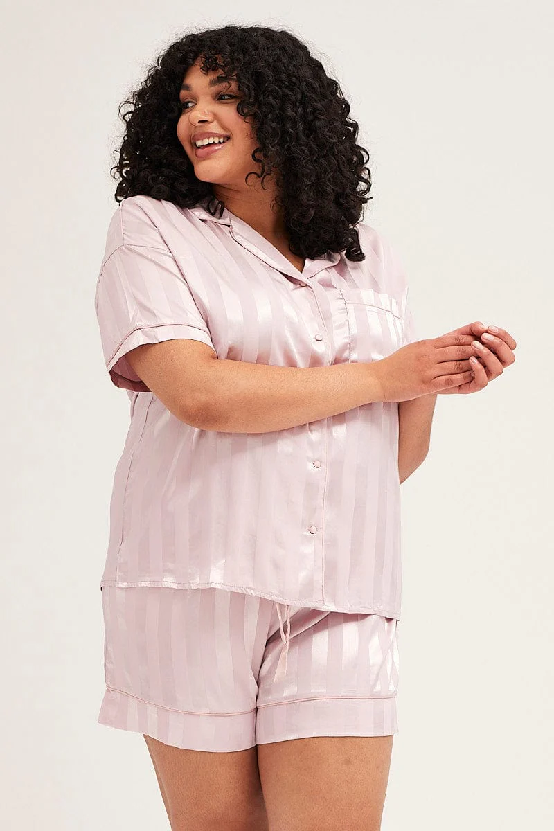 Stripe Pyjamas Set Short Sleeve Collared Shorts Satin - Image 2