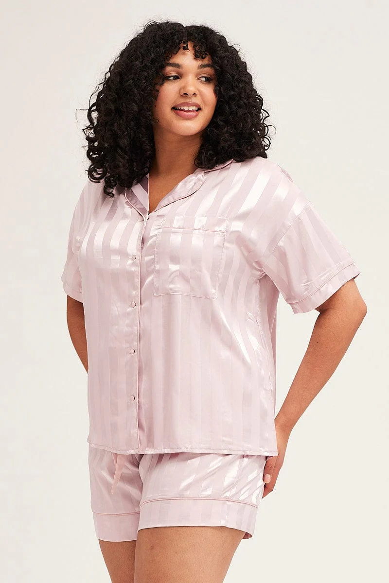 Stripe Pyjamas Set Short Sleeve Collared Shorts Satin - Image 3