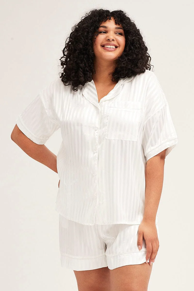 Stripe Pyjamas Set Short Sleeve Collared Shorts Satin - Image 2