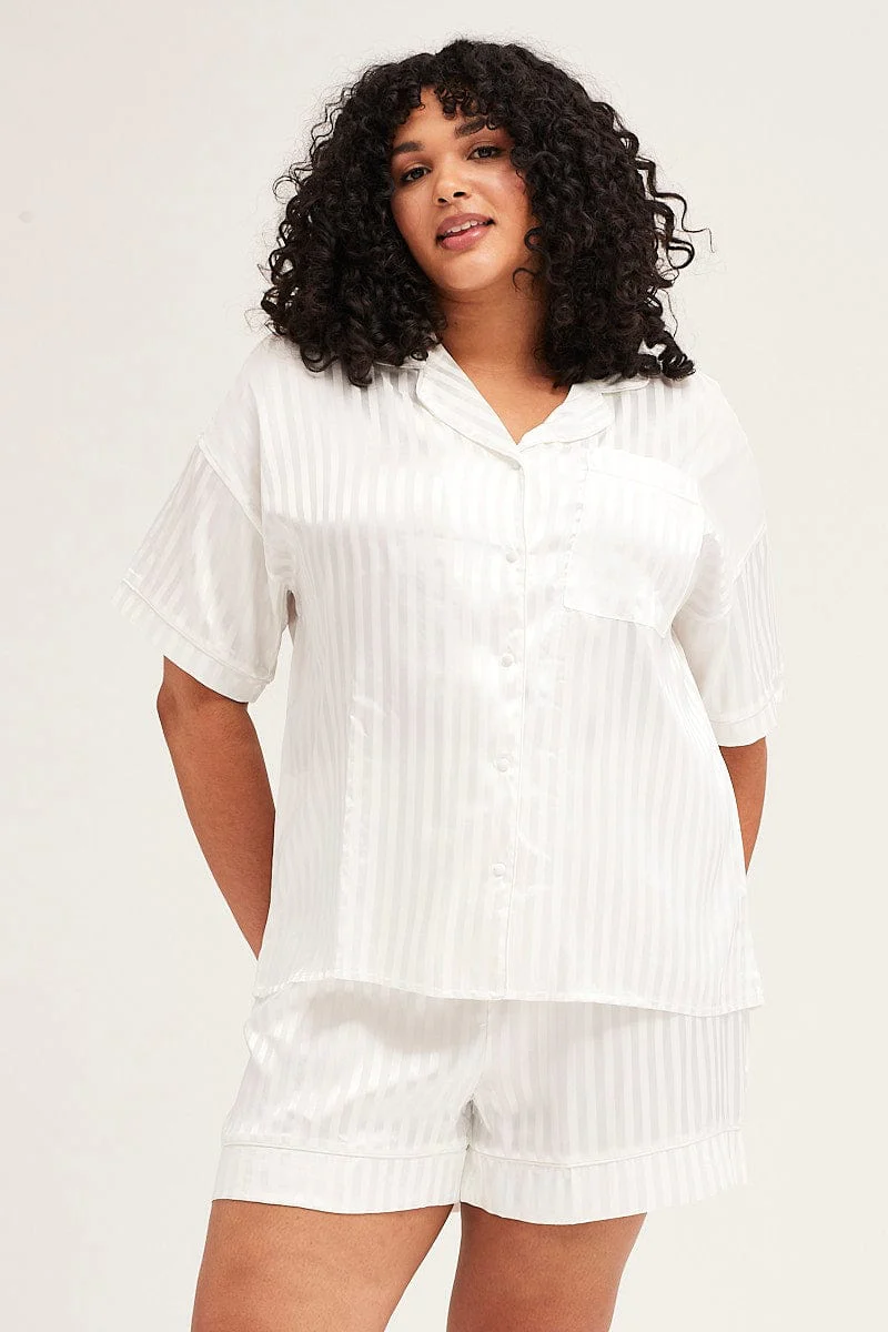 Stripe Pyjamas Set Short Sleeve Collared Shorts Satin - Image 3