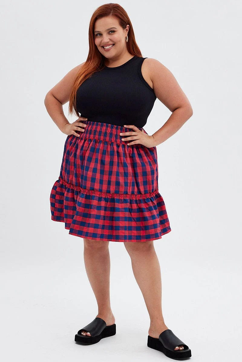 Stripe Shirred Waist Check Skater Skirt - Image 3