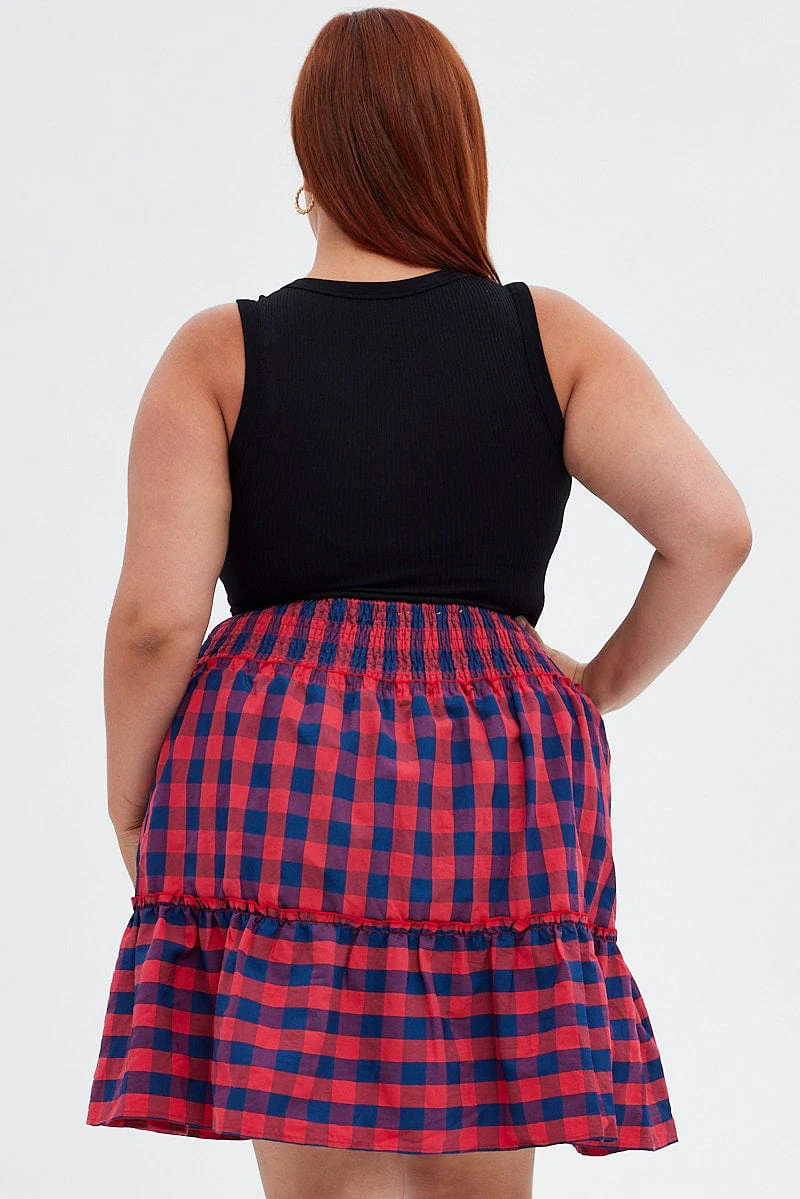 Stripe Shirred Waist Check Skater Skirt - Image 5