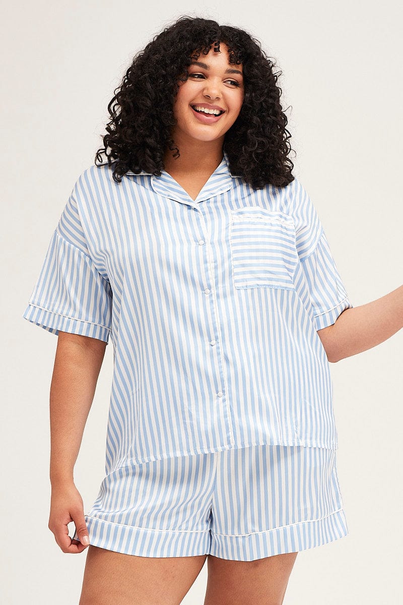 Stripe Stripe Pyjamas Set Short Sleeve Collared Shorts Satin - Image 2