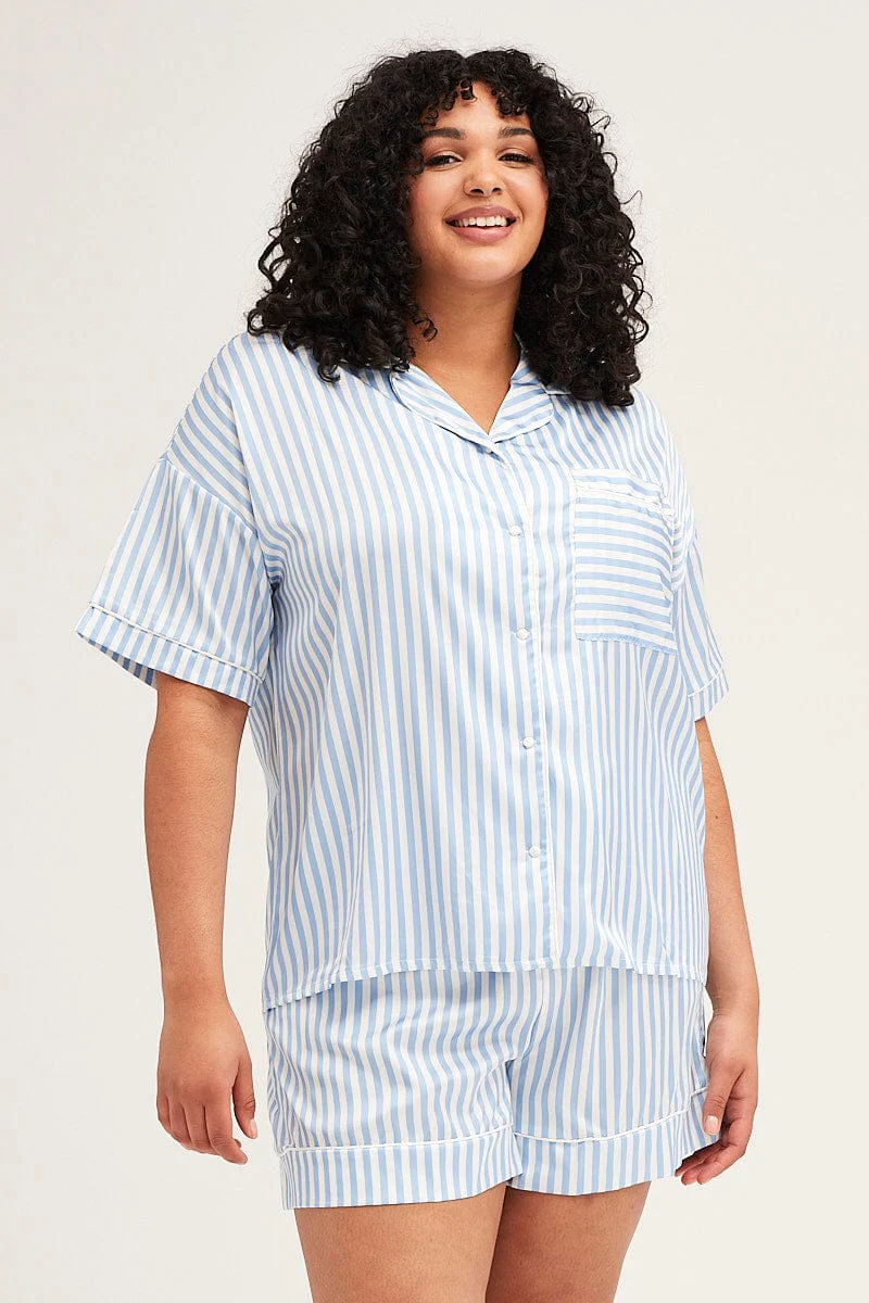 Stripe Stripe Pyjamas Set Short Sleeve Collared Shorts Satin - Image 3