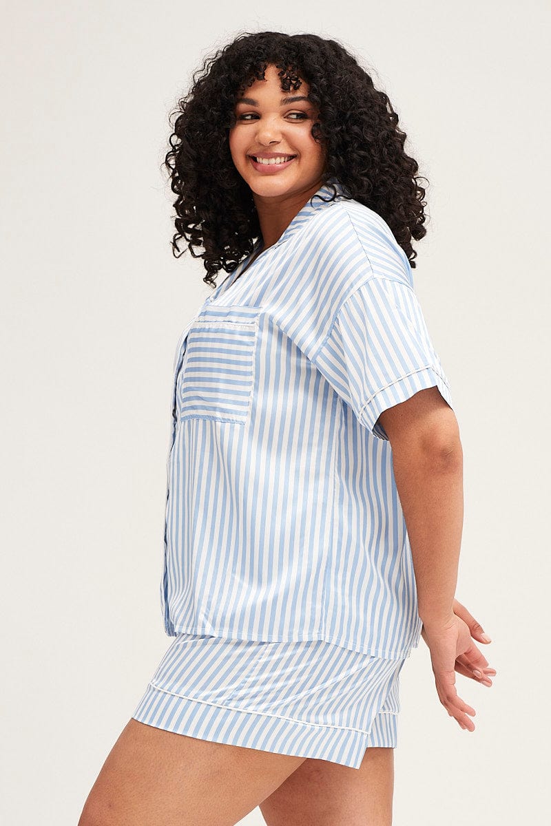 Stripe Stripe Pyjamas Set Short Sleeve Collared Shorts Satin - Image 4