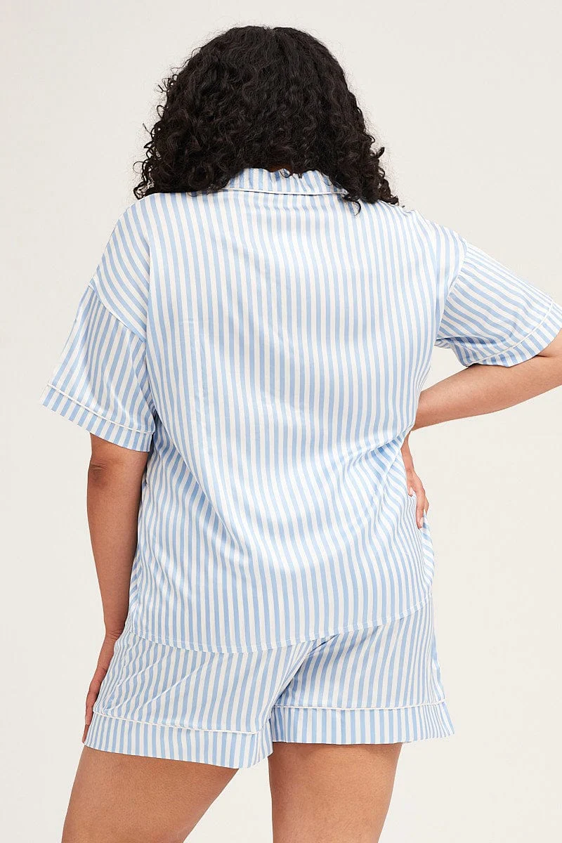 Stripe Stripe Pyjamas Set Short Sleeve Collared Shorts Satin - Image 5
