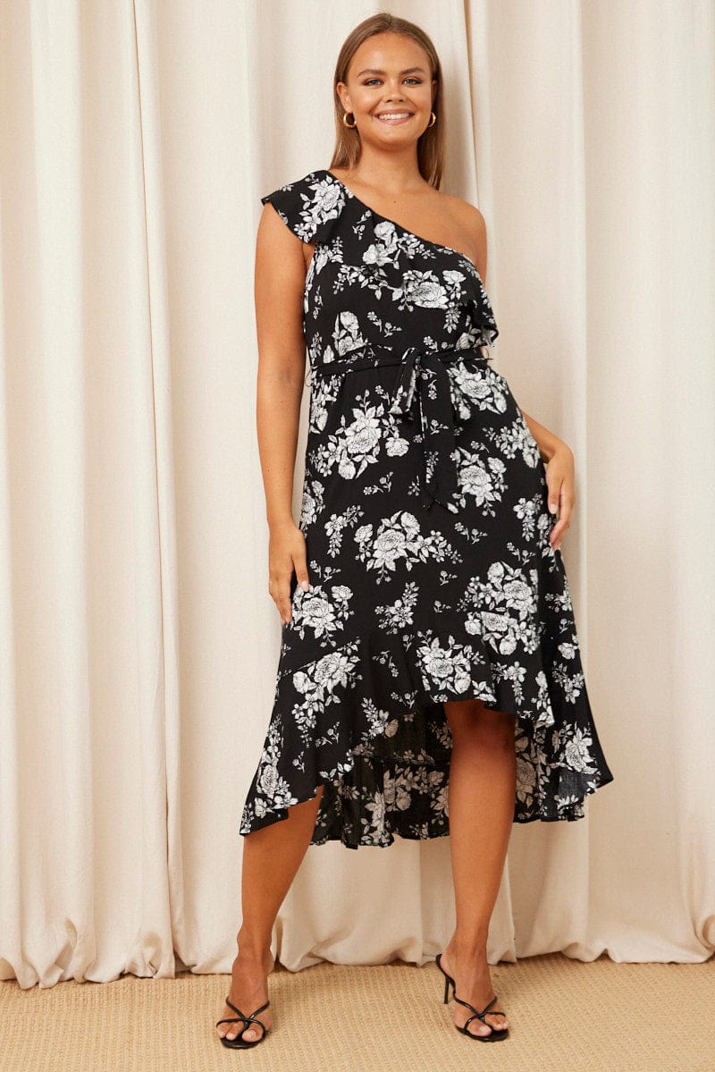 Trop Print Midi Dress One Shoulder Sleeveless - Image 3